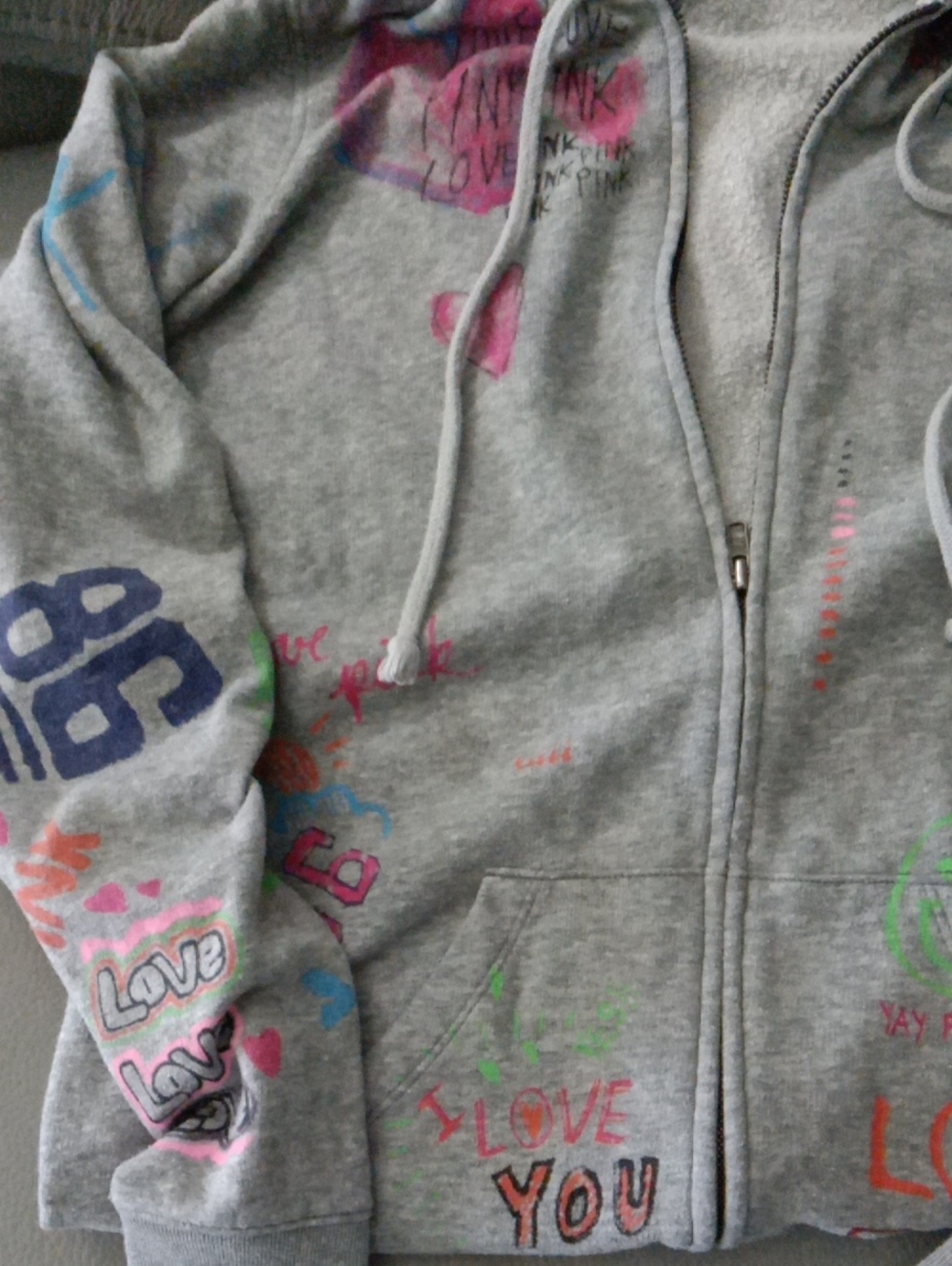 RARE Victoria's Secret PINK Gray Hoodie with Multicolor Graffiti
